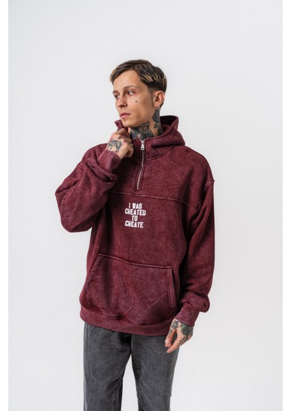 Erkek Create Baskılı Kapüşonlu Oversize Hoodie Bordo indirimleri