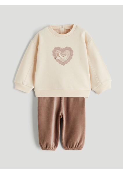 Yeni Sezon Kız Bebek Baskılı Sweatshirt ve Kadife Pantolon 2'li