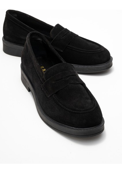 Pline Siyah Süet Hakiki Deri Kadın Loafer Ayakkabı
