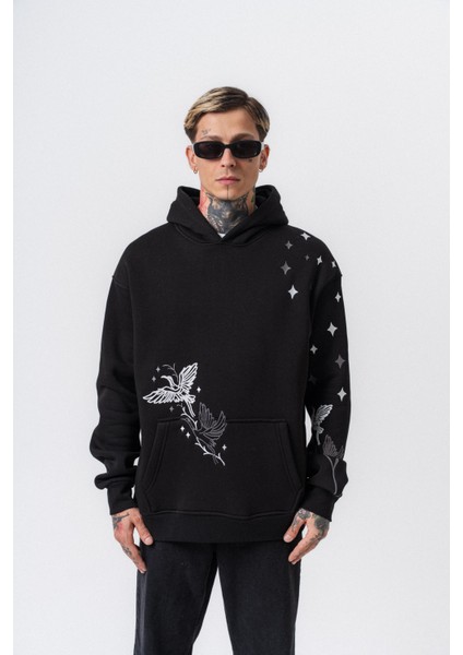Erkek No Perch Nakışlı Kapüşonlu Oversize Hoodie Siyah