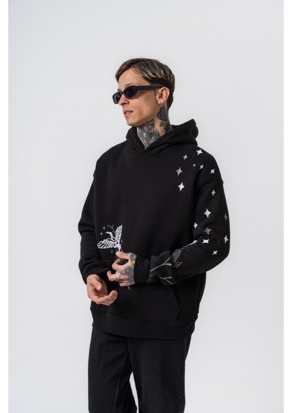 Erkek No Perch Nakışlı Kapüşonlu Oversize Hoodie Siyah indirimleri