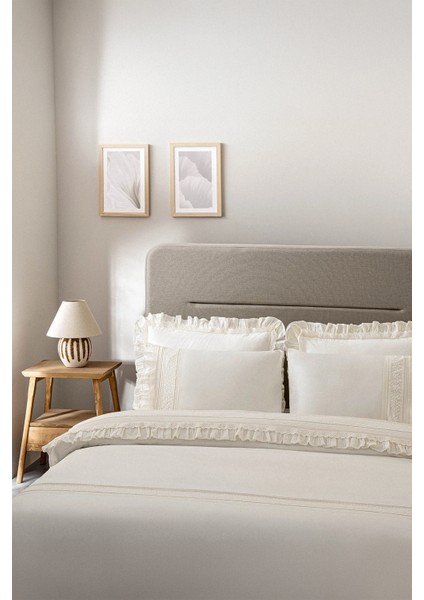 Adelya Krem Çift Kişilik %100 Organik Pamuk Keten Nevresim Takımı fiyatları