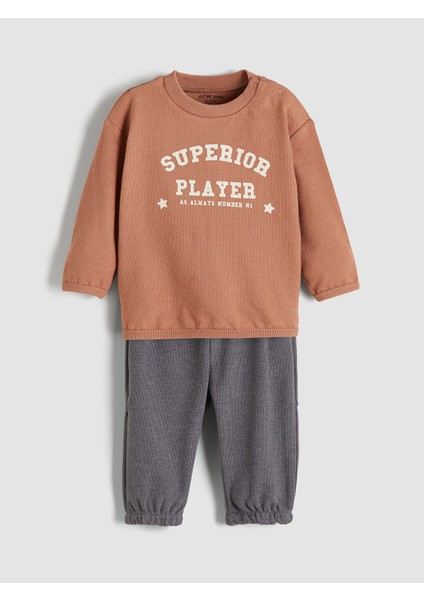 Yeni Sezon Bisiklet Yaka Uzun Kollu Baskılı Erkek Bebek Tişört ve Eşofman Alt 2'li Takım