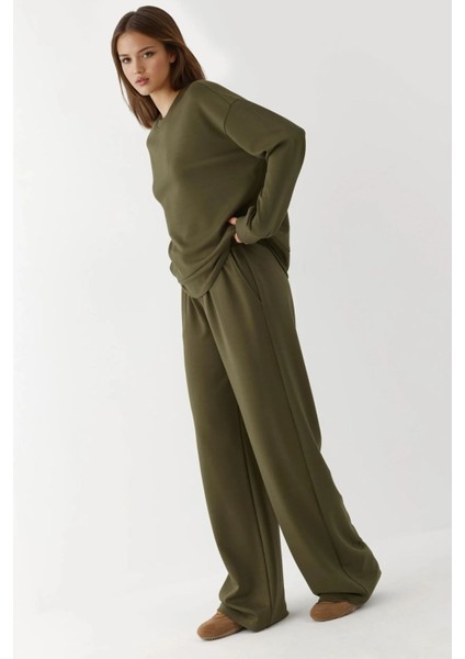 Kadın Modal Touch Geniş Paça Eşofman Altı Haki Yeşil modelleri