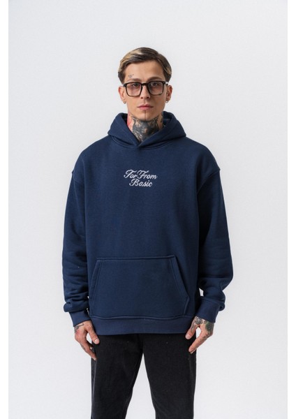 Erkek Far From Basic Nakışlı Kapüşonlu Oversize Hoodie Lacivert