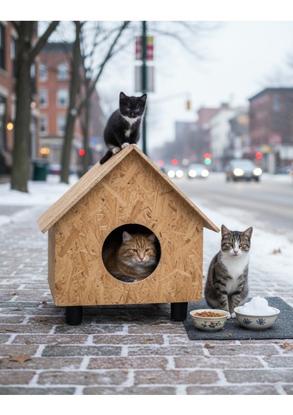 Kedi Evi Dış Ortam Uygun Ahşap Kedi Evi Osb 44X36X32 cm CAT43