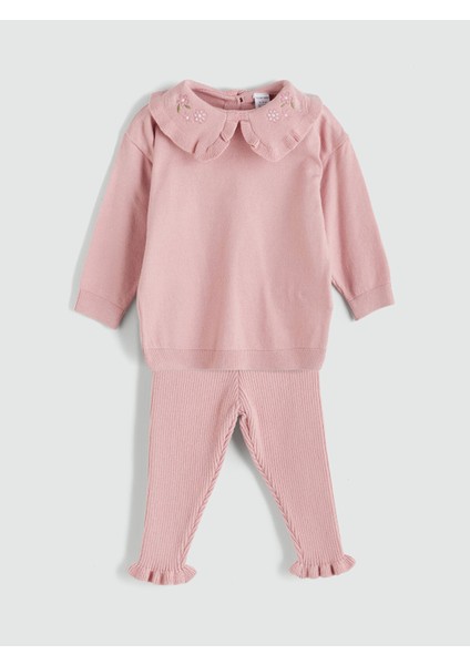 Yeni Sezon Bebe Yaka Kız Bebek Triko Sweatshirt ve Tayt 2'li