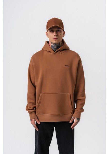 Erkek Respire Yazı Detaylı Kapüşonlu Basic Oversize Hoodie Kahve