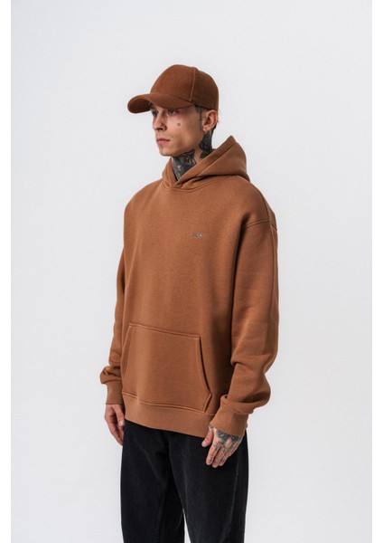Erkek Respire Yazı Detaylı Kapüşonlu Basic Oversize Hoodie Kahve fiyatları