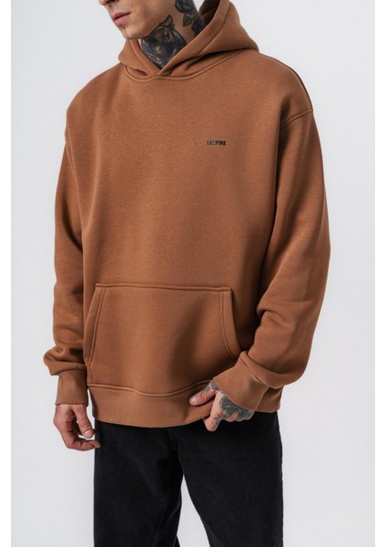 Erkek Respire Yazı Detaylı Kapüşonlu Basic Oversize Hoodie Kahve fırsatları