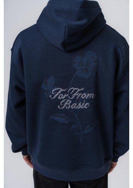 Erkek Far From Basic Nakışlı Kapüşonlu Oversize Hoodie Lacivert indirimleri