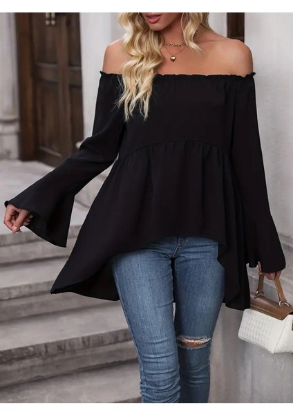 Kadın Uzun Kollu Madonna Yaka Asimetrik Detaylı Kolları Ispanyol Viskon Bluz indirimleri