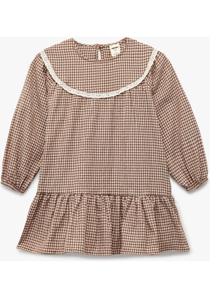 Uzun Kollu Bisiklet Yaka Pileli Pöti Kareli Elbise