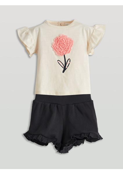 Yeni Sezon Aplike Çiçekli Kız Bebek Bluz ve Şort 2'li