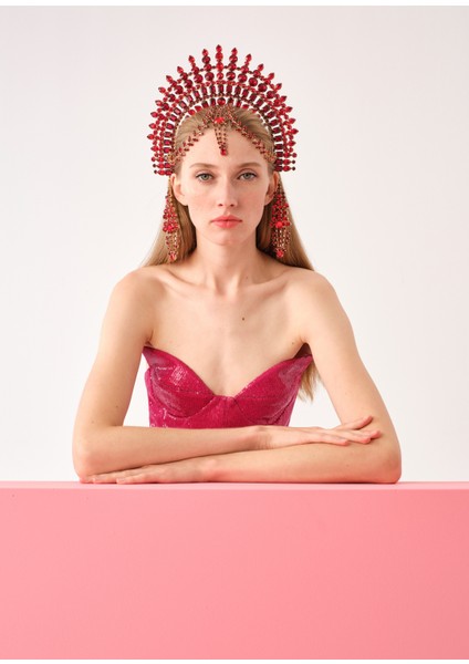 Byzantine Headpiece Kırmızı Gümüş Kaplama Kristal Taşlı Kadın Saç Aksesuarı fiyatları