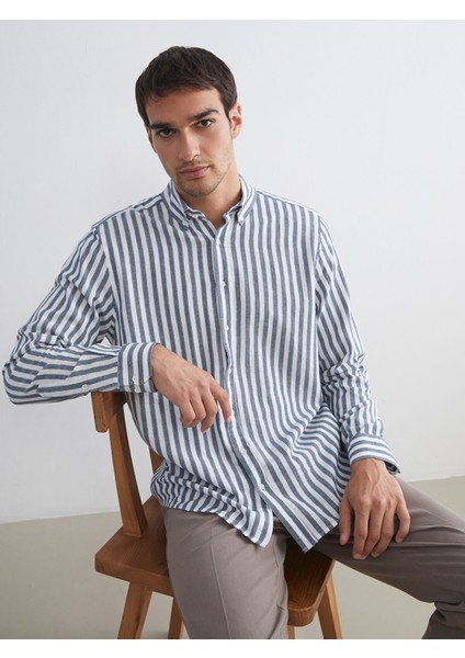 Yeni Sezon Regular Fit Uzun Kollu Çizgili Poplin Erkek Gömlek