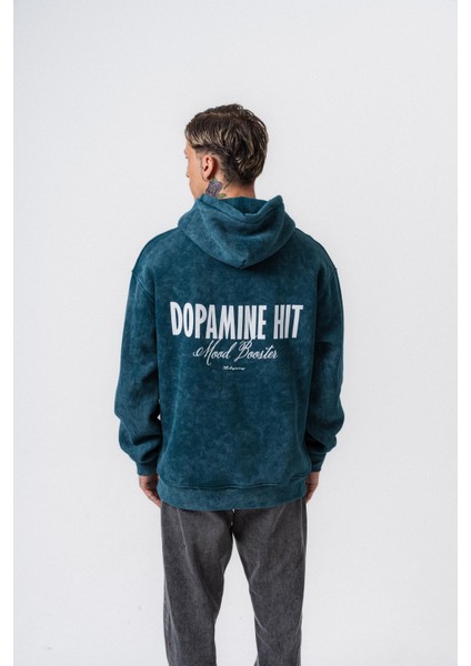Erkek Dopamine Hit Baskılı Kapüşonlu Oversize Hoodie Zümrüt