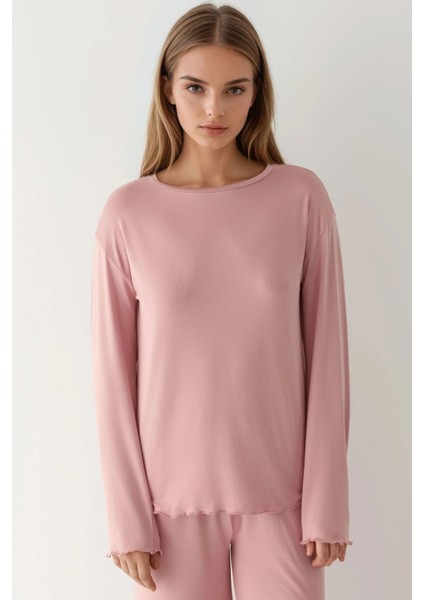 Kadın Yumuşak Dokulu Rahat Kesim Uzun Kollu Pijama Takımı Pink