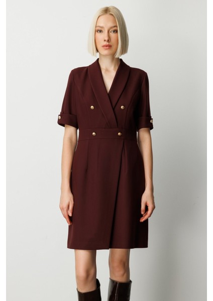 Kruvaze Yaka Süs Düğmeli Elbise Bordo 04017