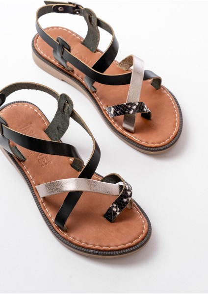 205-08 Siyah Garni Ortopedik Hakiki Deri Kadın Sandalet fırsatları