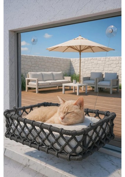 El Örgüsü Kedi ve Köpek Vantuzlu Cam Yatağı, Kedi Hamağı Puf Minderli Antrasit