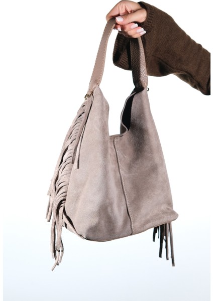 Vals Vizon Süet Hakiki Deri Püsküllü Kadın Kol Çantası