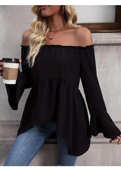 Kadın Uzun Kollu Madonna Yaka Asimetrik Detaylı Kolları Ispanyol Viskon Bluz