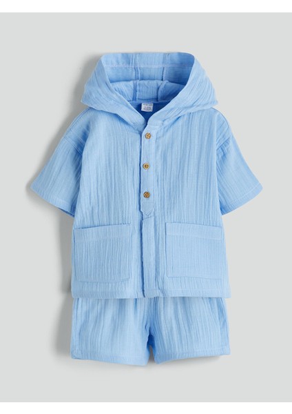 Yeni Sezon Kapüşonlu Erkek Bebek Gömlek ve Şort 2'li