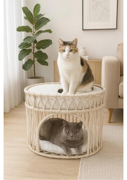 Çift Katlı Kedi Yatağı Kedi Ranzası, Iskandinav Kedi Evi Bej