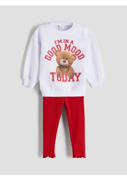 Yeni Sezon Ayıcık Baskılı Kız Bebek Sweatshirt ve Tayt 2'li