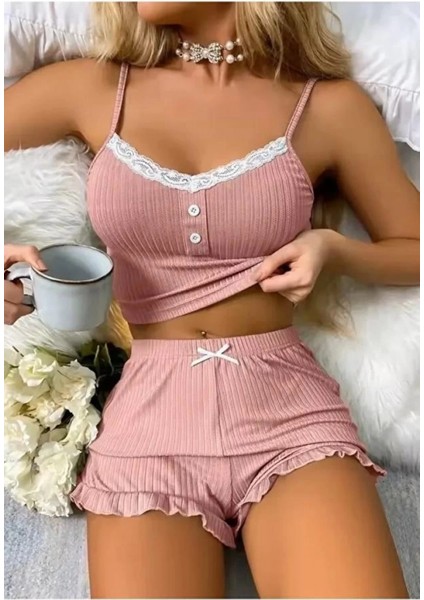 Kadın Pudra Dantel Detaylı Şortlu Gecelik Pijama Takımı 5015