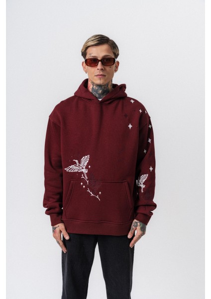Erkek No Perch Nakışlı Kapüşonlu Oversize Hoodie Bordo