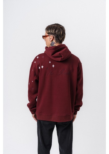 Erkek No Perch Nakışlı Kapüşonlu Oversize Hoodie Bordo modelleri