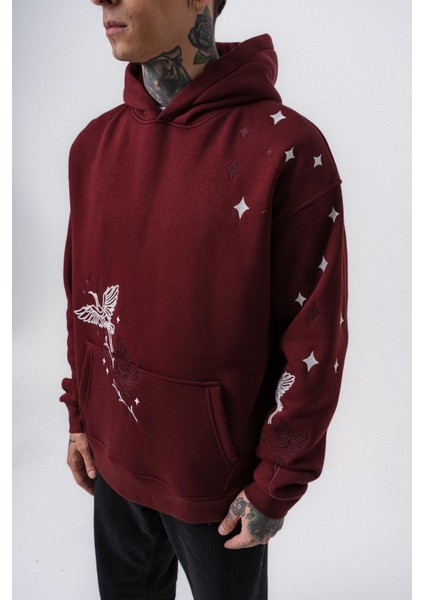 Erkek No Perch Nakışlı Kapüşonlu Oversize Hoodie Bordo fırsatları