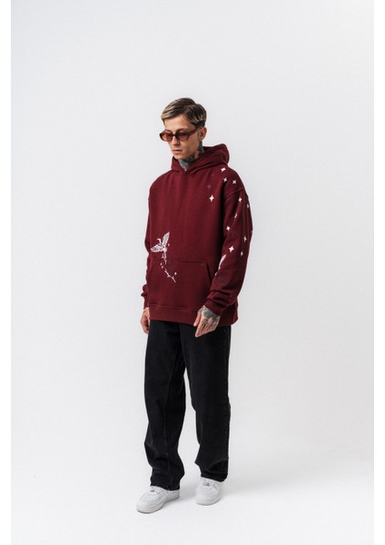Erkek No Perch Nakışlı Kapüşonlu Oversize Hoodie Bordo indirimleri