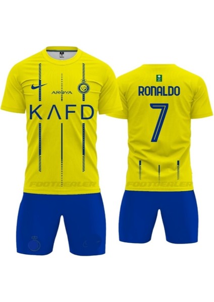 Cristiano Ronaldo Al-Nassr 24/25 Sezon Sarı-Mavi Iç Saha Çocuk Forma Takımı 4 Parça Forma Şort Çorap Bileklik Hediye