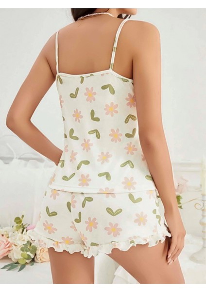 Kadın Ekru Çiçek Baskılı Şortlu Gecelik Pijama Takımı 5047 fiyatları