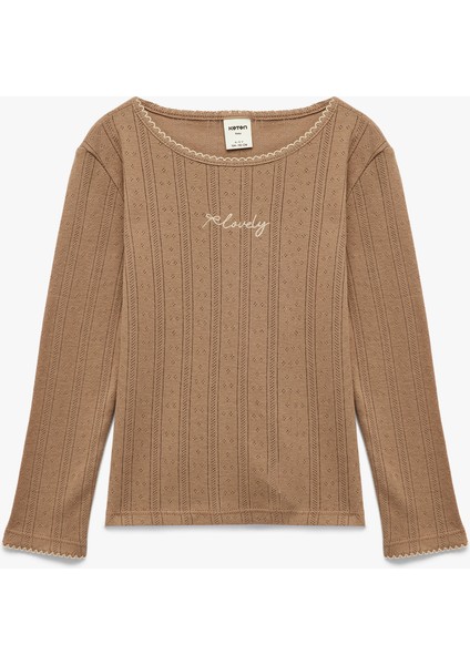 Pamuklu Uzun Kollu Bisiklet Yaka Nakışlı Tişört