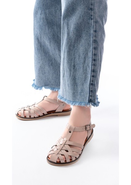 205-02 Bej Ortopedik Hakiki Deri Kadın Sandalet