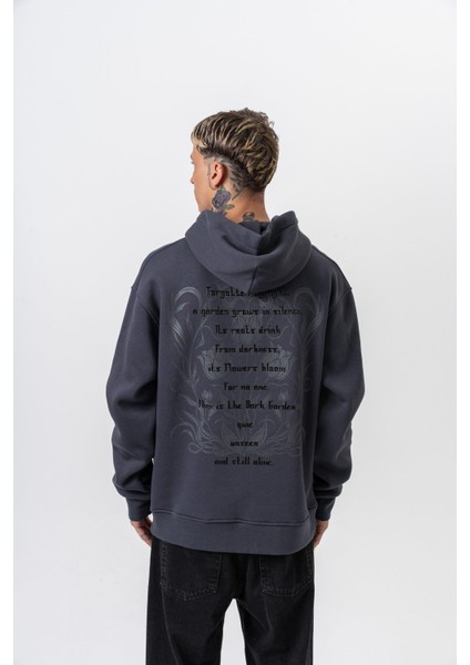 Erkek Garden Baskılı Kapüşonlu Oversize Hoodie Füme