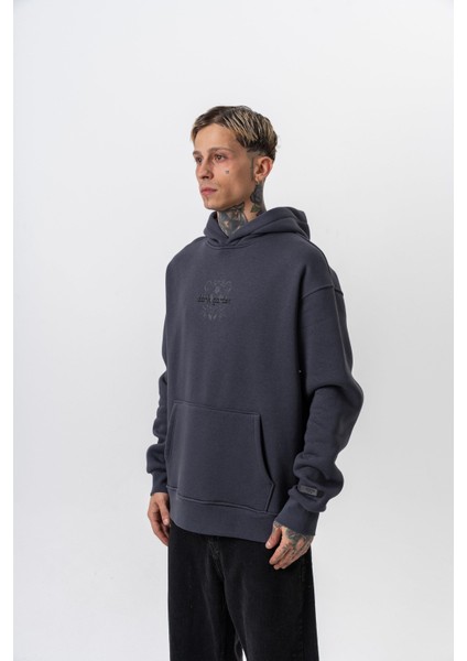 Erkek Garden Baskılı Kapüşonlu Oversize Hoodie Füme modelleri