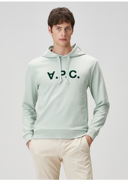 Su Yeşili Kapüşonlu Logo Baskılı Sweatshirt