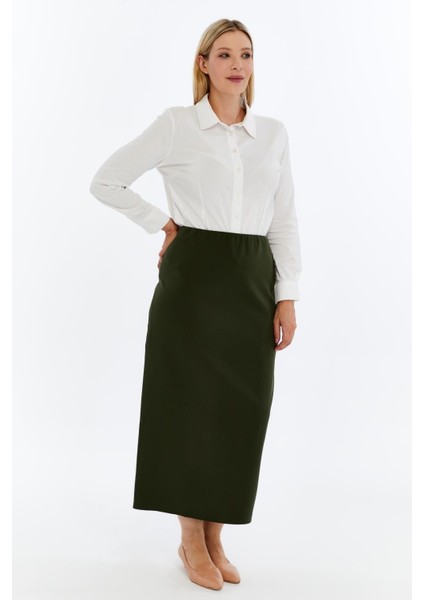 Kadın Haki Beli Lastikli Mevsimlik Yırtmaç Detaylı Ofis Etek 1903-90