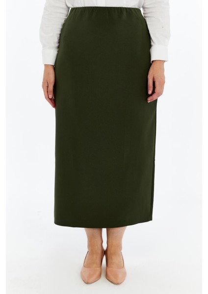 Kadın Haki Beli Lastikli Mevsimlik Yırtmaç Detaylı Ofis Etek 1903-90 fırsatları