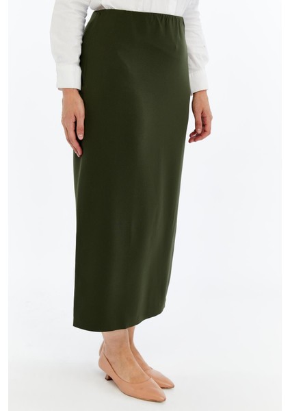 Kadın Haki Beli Lastikli Mevsimlik Yırtmaç Detaylı Ofis Etek 1903-90 indirimleri
