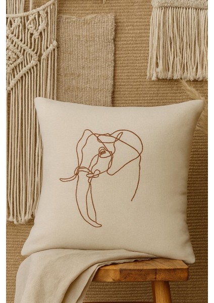 Fil Nakışlı Dekoratif Kırlent Kılıfı - Doğal Dokulu Yastık - Keten Kumaş