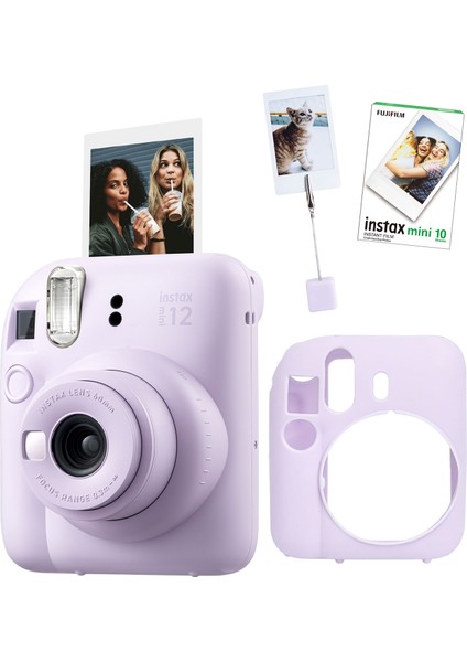 Instax Mini 12 Lila Fotoğraf Makinesi + 10'lu Film Kıskaçlı Resim Standı ve Silikon Kılıf Seti