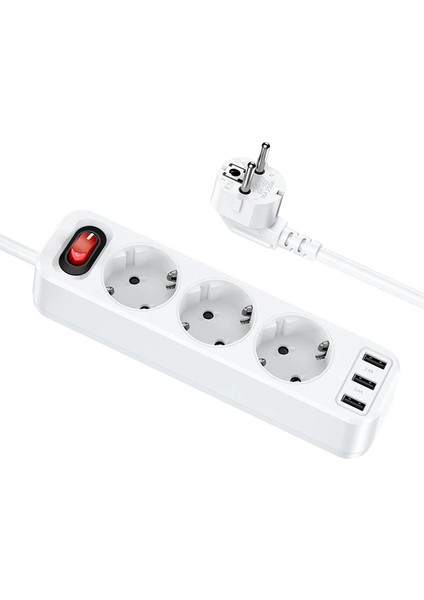 Hoco Ns2 3&#039;LÜ Priz 3 USB 4000W 1.8 Metre Şarj Uzatma Kablosu Akım KORUMALI-(1903)
