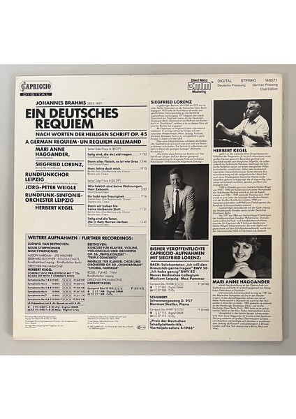 Johannes Brahms Rundfunkchor Leipzig Rundfunk-Sinfonie-Orchester Leipzig Herbert Kegel Ein Deutsches Requiem Lp Plak (Orijinal 1987 Dönem Alman Baskı Plak) fiyatları