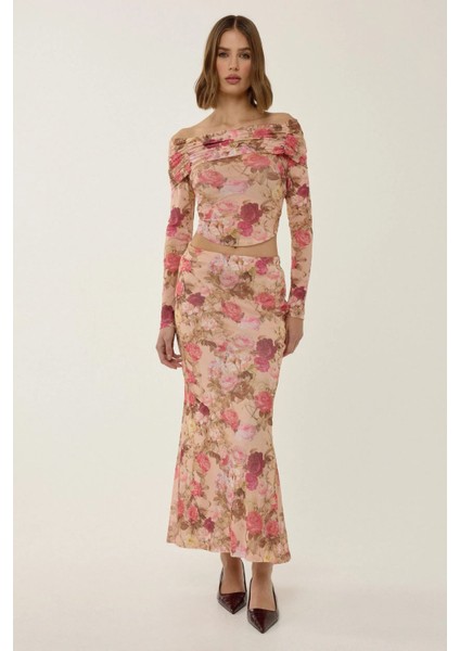 Kadın Desenli Maxi Etek Pink